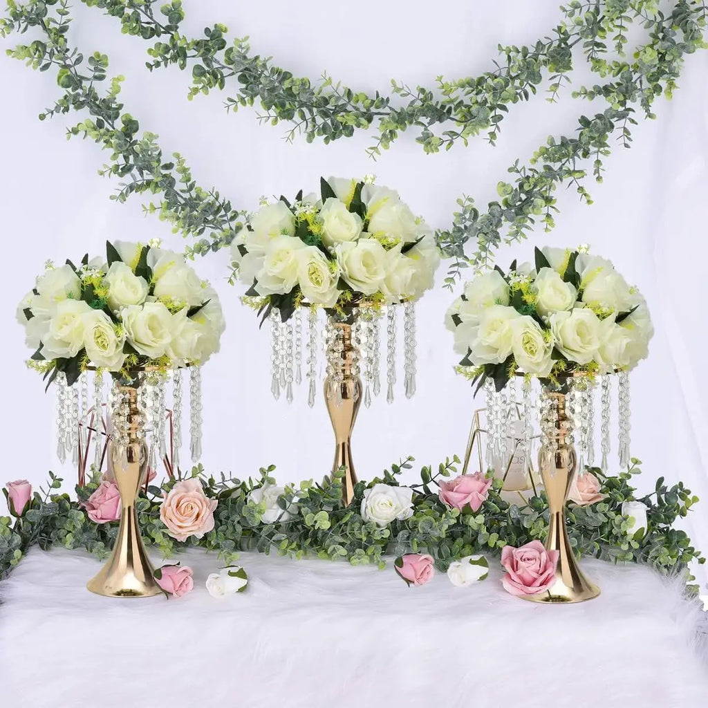 8 Pcs Gold Metal Flower Stands with Crystal Beads Wedding Centerpieces for Tables Party/ Centerpiece Vases /Celebration Home Decor