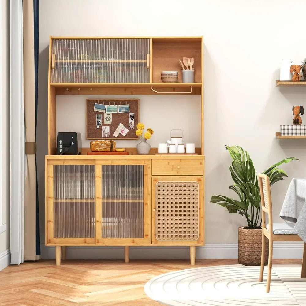 69-inch Bamboo Pantry Cabinet with Storage, Drawers, Microwave Stand, and Glass Holder - Freestanding Buffet Style