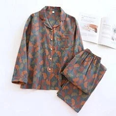 Spring and Autumn Women's Pajama Set 100%/ Cotton Crepe Long Sleeved Pants/ Two Piece/ Cute and Sweet Set Ladies
