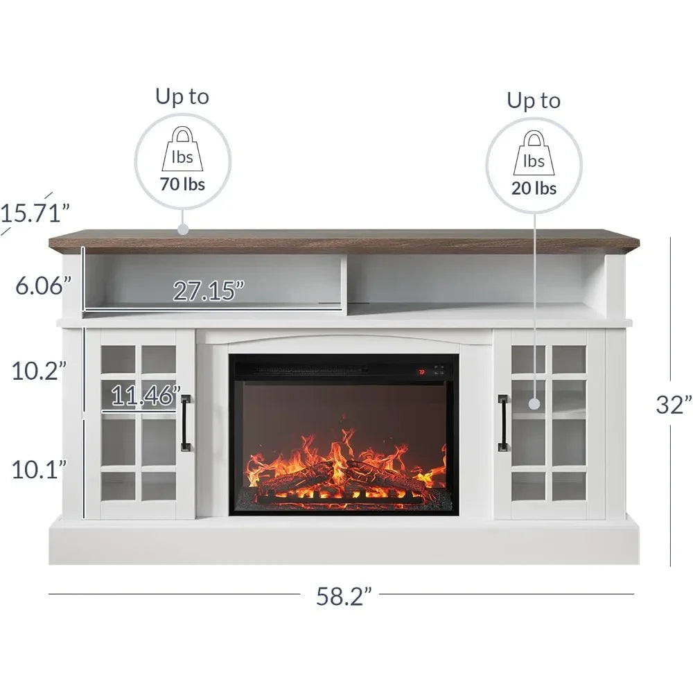 Traditional 58" Rustic TV Stand with 23" Electric Fireplace Heater with Sound, Media Entertainment Center Console Table for TV