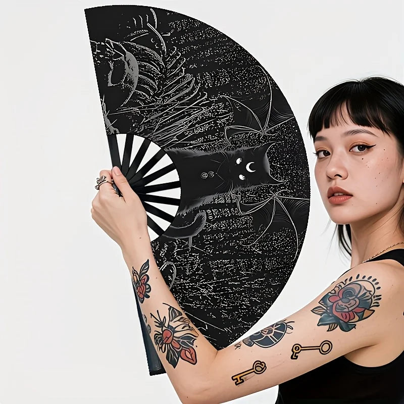 Dark Witch Wind Moon Teeth Black Cat Printed Folding Fan, Starry Sky Forest Handheld Fan, Suitable for Gothic Parties, Gatherings, Dance Performances, Large-scale Events, And Dance Shows.