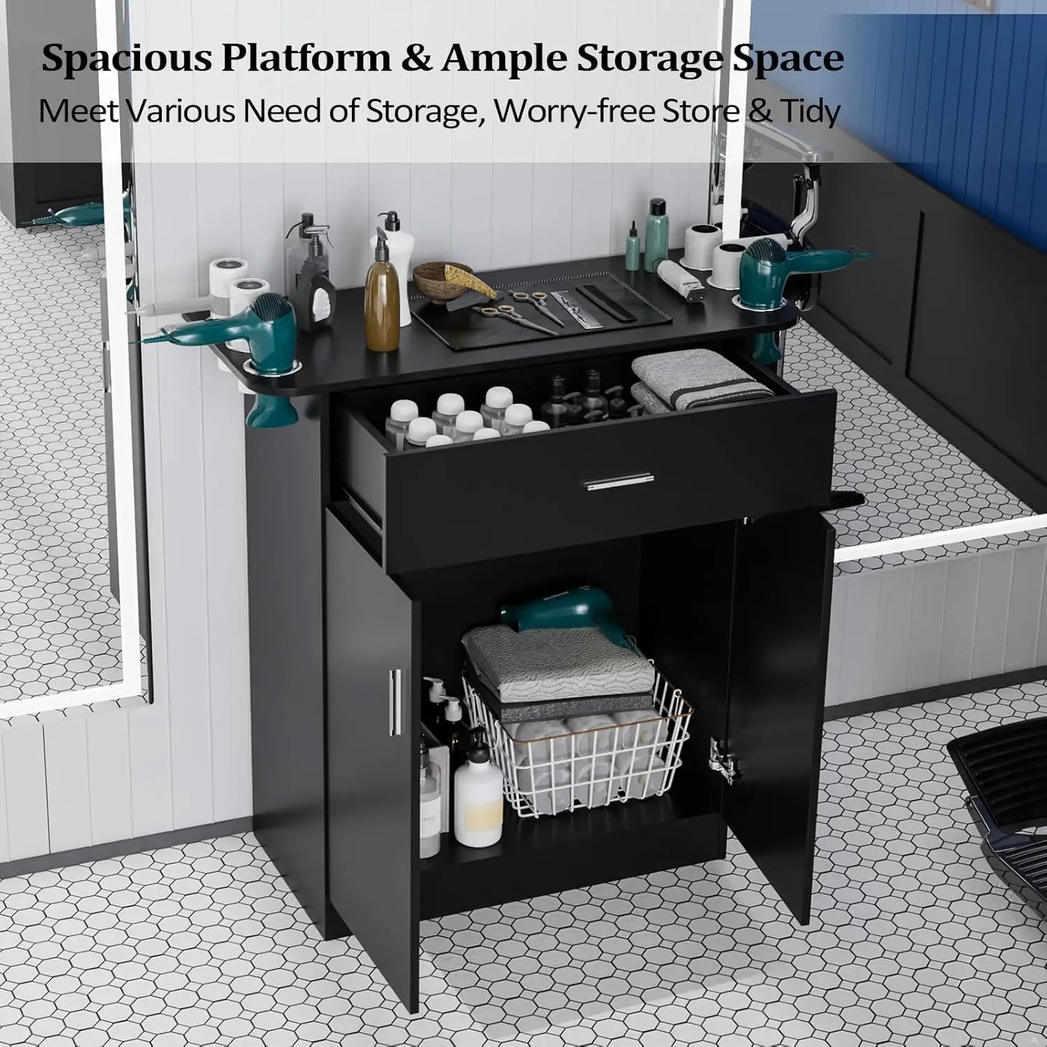 Salon Storage Station, Free Standing Cabinet with 1 Drawer, 1 Storage Cabinet, 6 Hair Dryer Holders for Hair Styling, Black