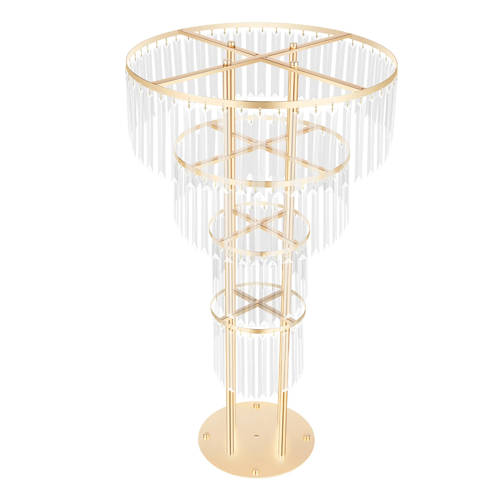 4-Tier Gold Crystal Flower Stand, 35.4" Wedding Centerpiece w/ Round Base, Hanging Acrylic Pendants, Electroplated Iron Frame