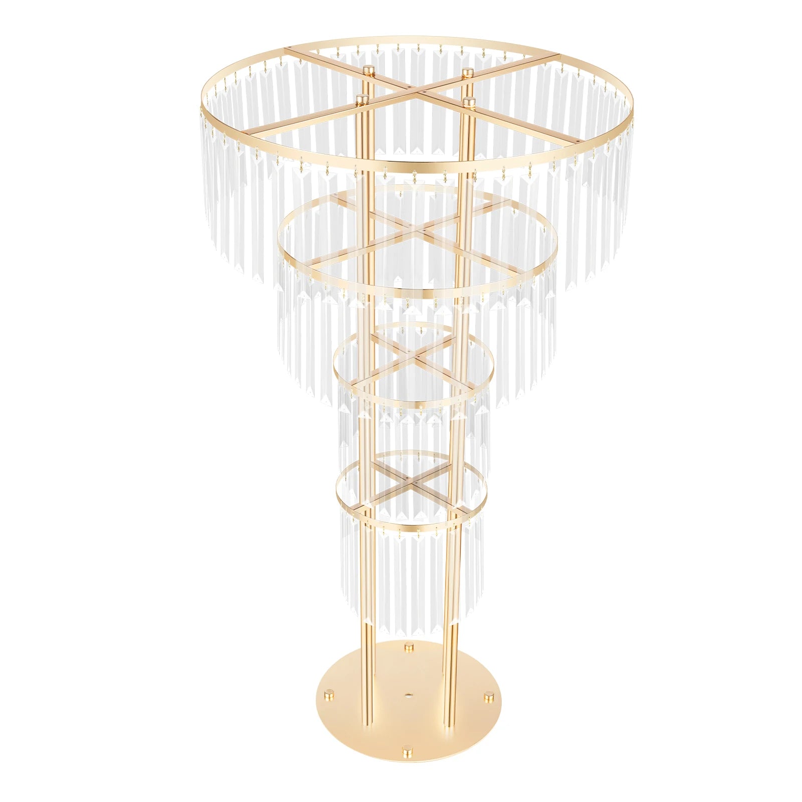 4-Tier Gold Crystal Flower Stand, 35.4" Wedding Centerpiece w/ Round Base, Hanging Acrylic Pendants, Electroplated Iron Frame