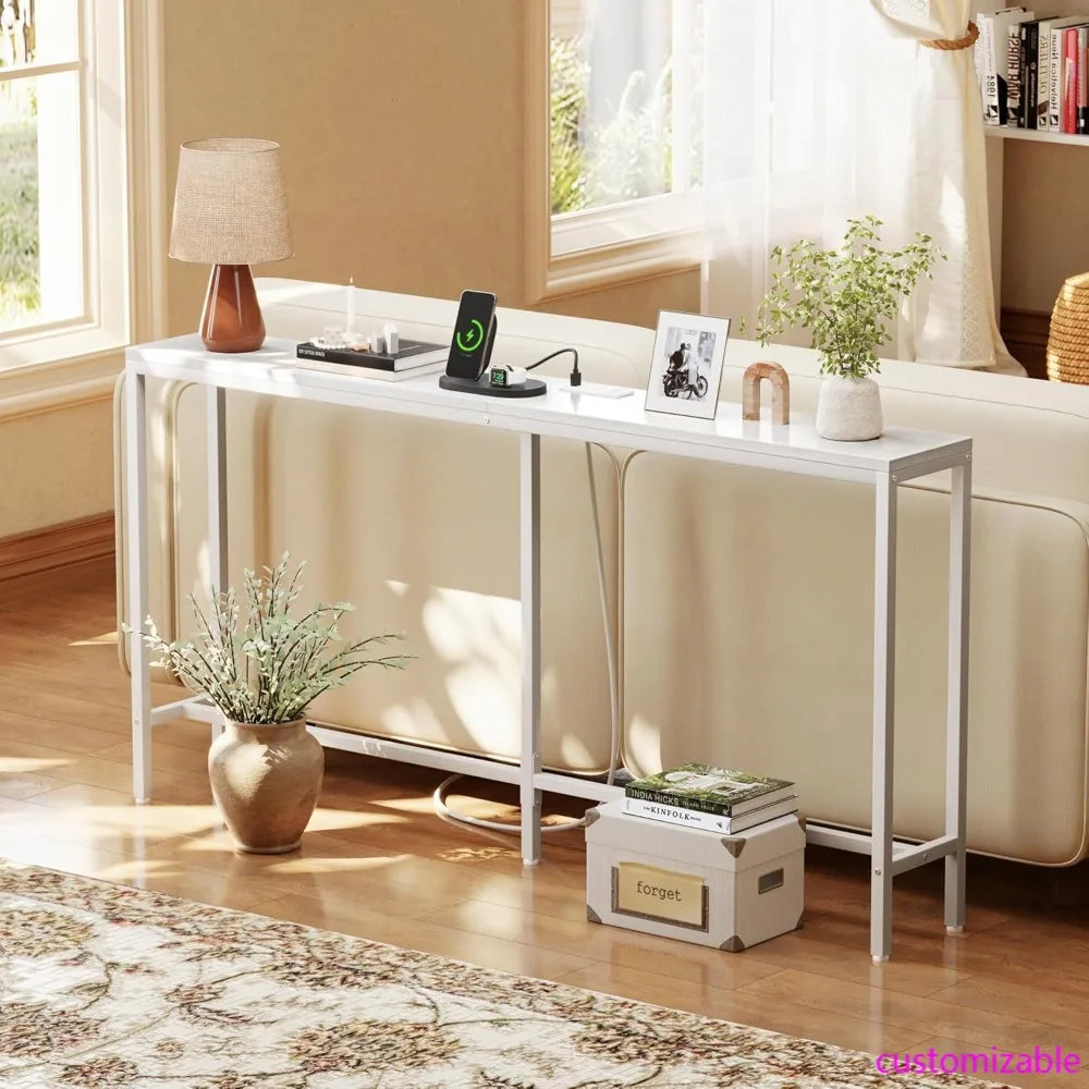 Console Table with Outlet, 63" Sofa Table with Charging Station, Narrow Entryway Table, Skinny Hallway Table, Behind Couch