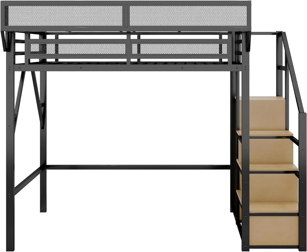 Full Size Metal Loft Bed with Staircase, Built-in Storage Shelves & Wardrobe, Easy Assembly, Black
