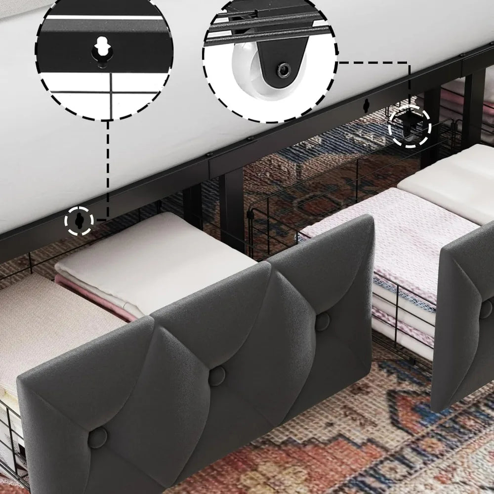 Queen Size Upholstered Canopy Bed Frame with Button Tufted Headboard, Metal Platform Base, and 2 Storage Drawers