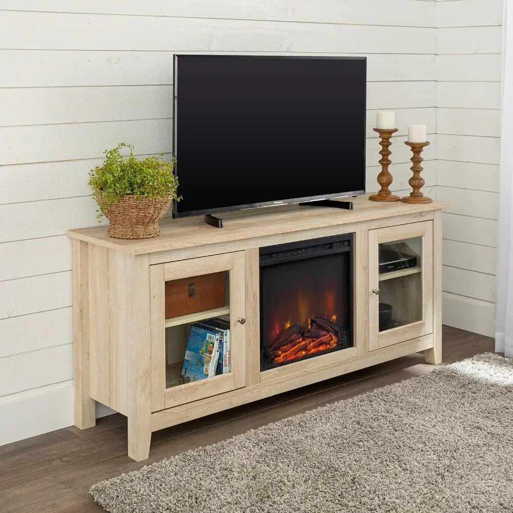 Rustic Wood And Glass Fireplace TV Stand For TV's Up To 64" Flat Screen Living Room Storage Cabinet Doors
