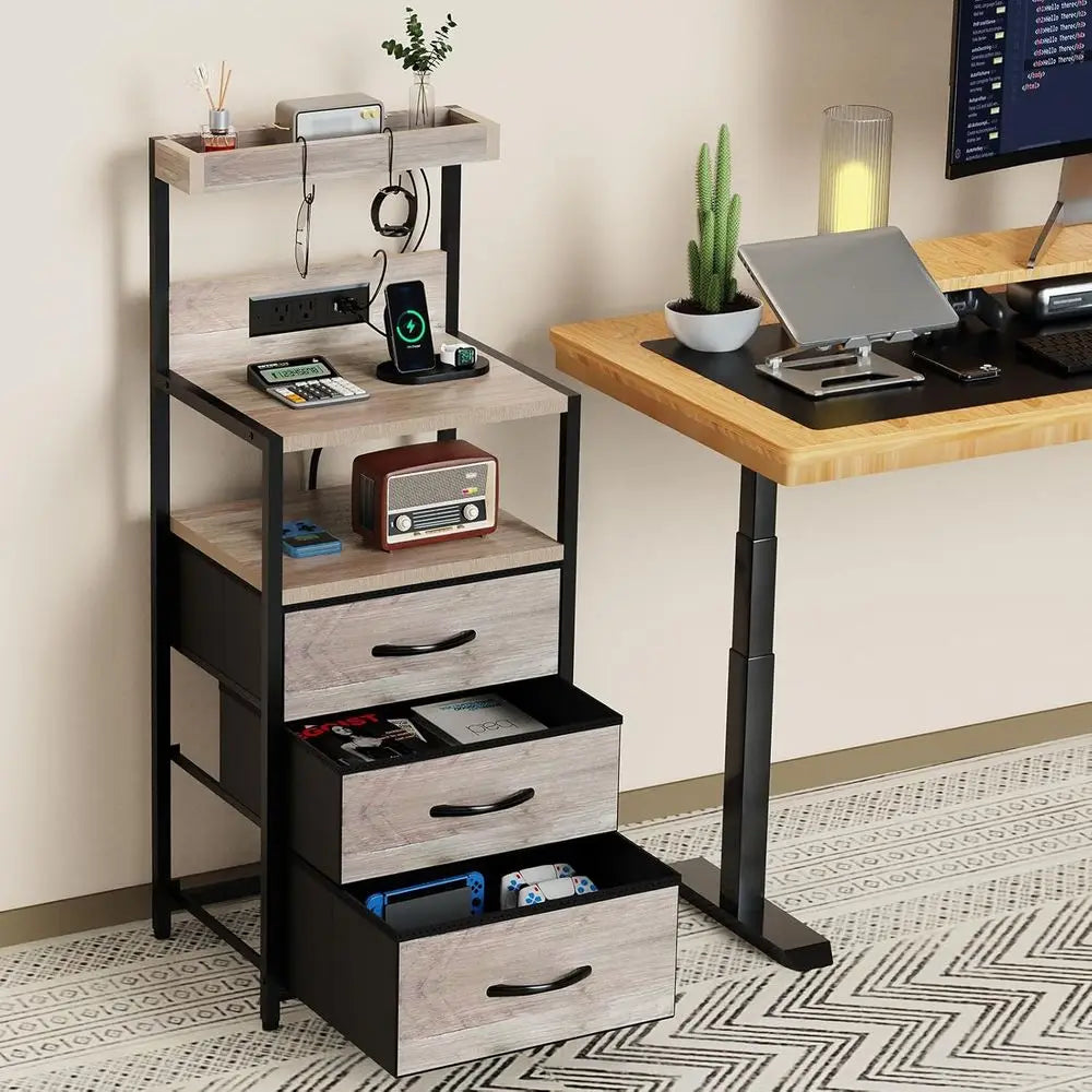 LED Lighted 3-Drawer Nightstand with Charger Station, Storage Shelves, and Hooks for Bedroom or Dorm