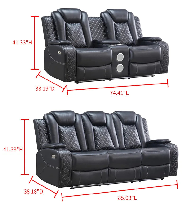Power Reclining Sofa Couch with Wireless Charger/ 3 Seater Recliner/Reading Light Leather/ Bluetooth Speaker/ Theater Seating LED