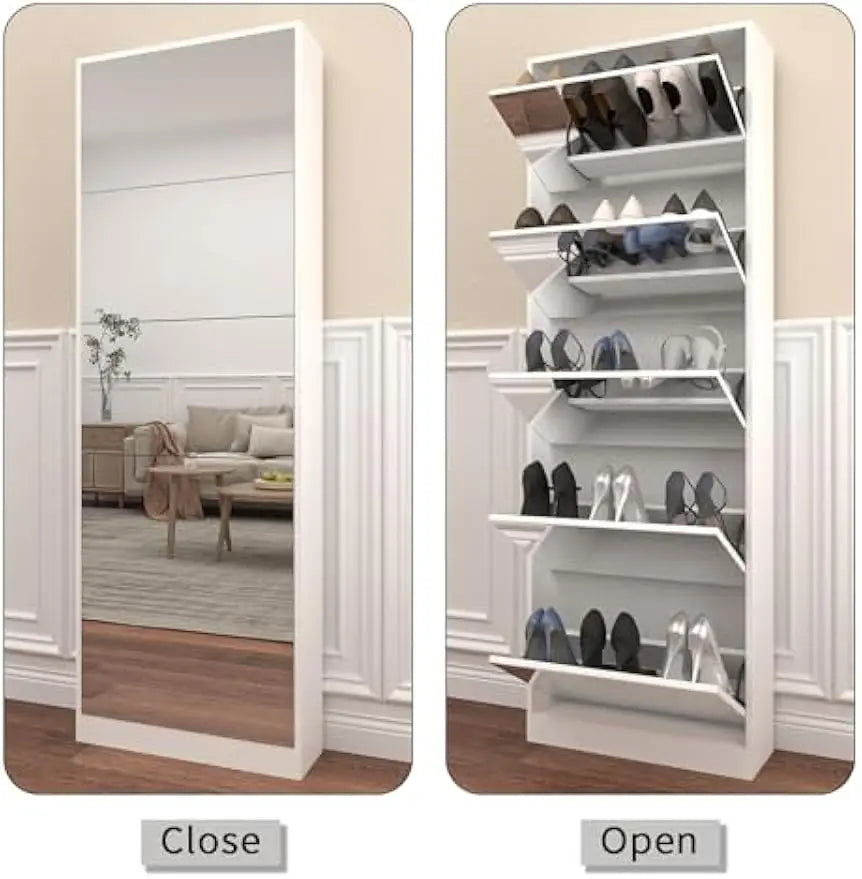 Shoe Cabinet with Mirror, Freestanding Shoe Rack Organizer with 5 Flip Drawers, Modern Full Length Mirror
