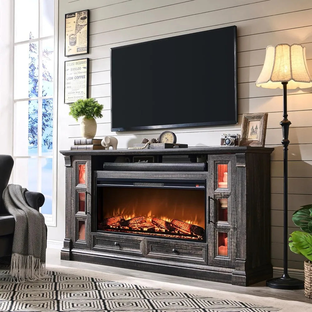 TV Stand with Fireplace for up-to-80" TV, Farmhouse 72" Entertainment Center with 42" Electric Fireplace, TV Console
