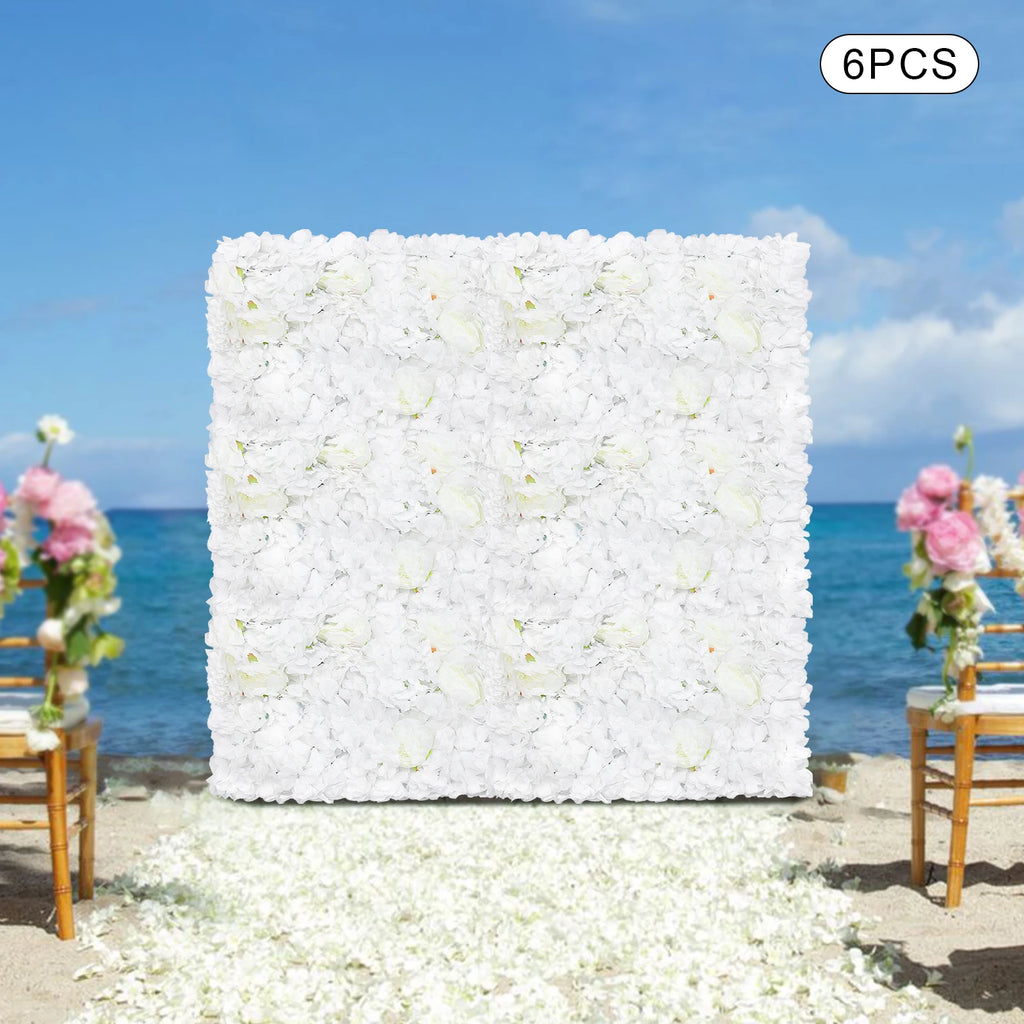 6 Pack Artificial Flower Wall Panels, 60x40cm Large Silk Rose/ Peony /Dahlia/ Hydrangea Flowers for Wedding Backdrop /Home Room Wall Decor, White Fake Floral Grid Panel Set for Indoor Outdoor Fence Privacy Screen Party/ DIY D