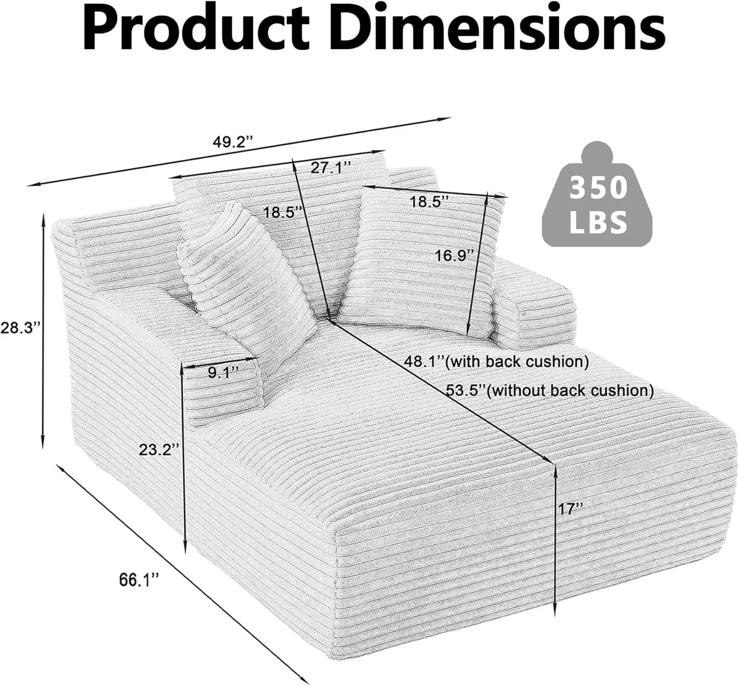 Oversized Chaise Lounge Chair with 3 Comfy Pillows for Living Room/ Bedroom, Wide Arms/ Corduroy Fabric/ High-Density