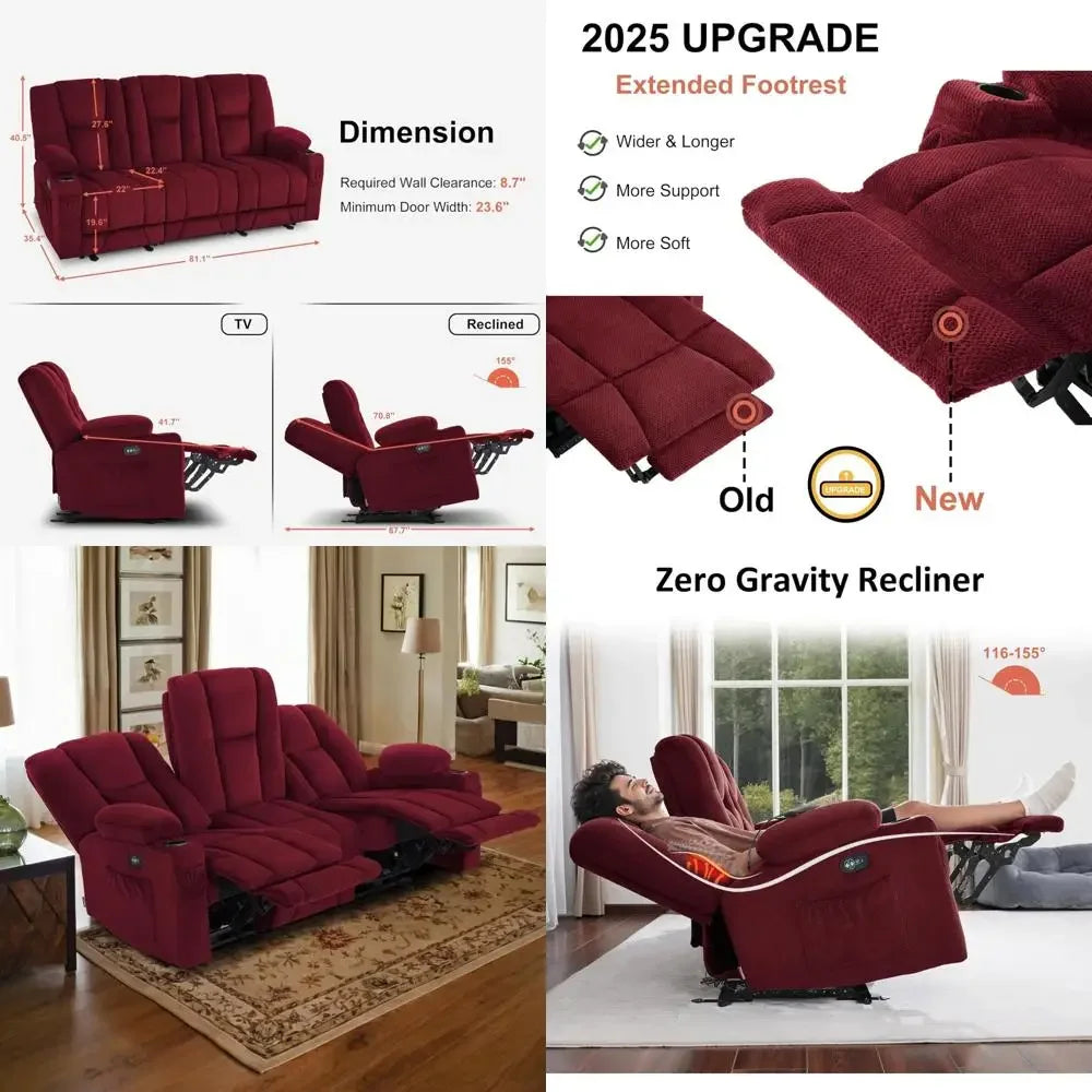 "3-seater zero gravity reclining sofa with heat and vibration massage, usb ports and cup holders for living room"