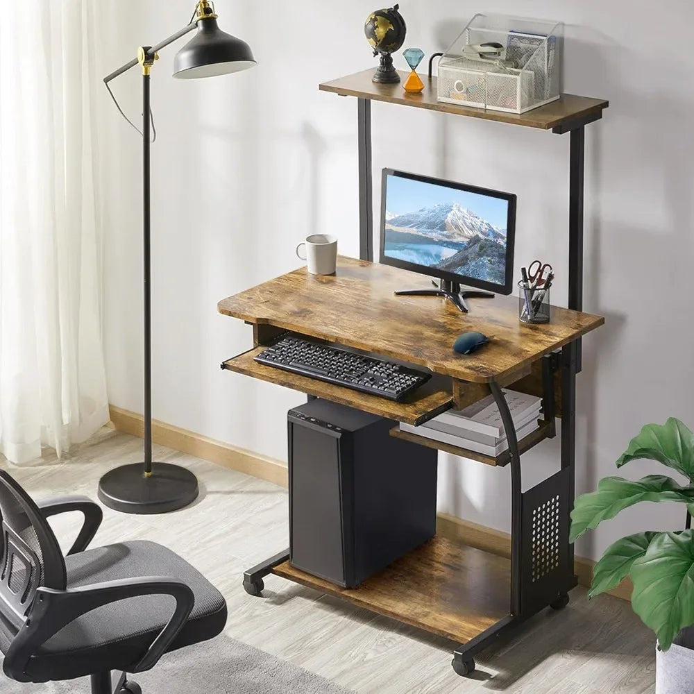 3 Tiers Rolling Computer Desk with Keyboard Tray and Printer Shelf for Home Office, Mobile Computer Desk for Small Space, Retro