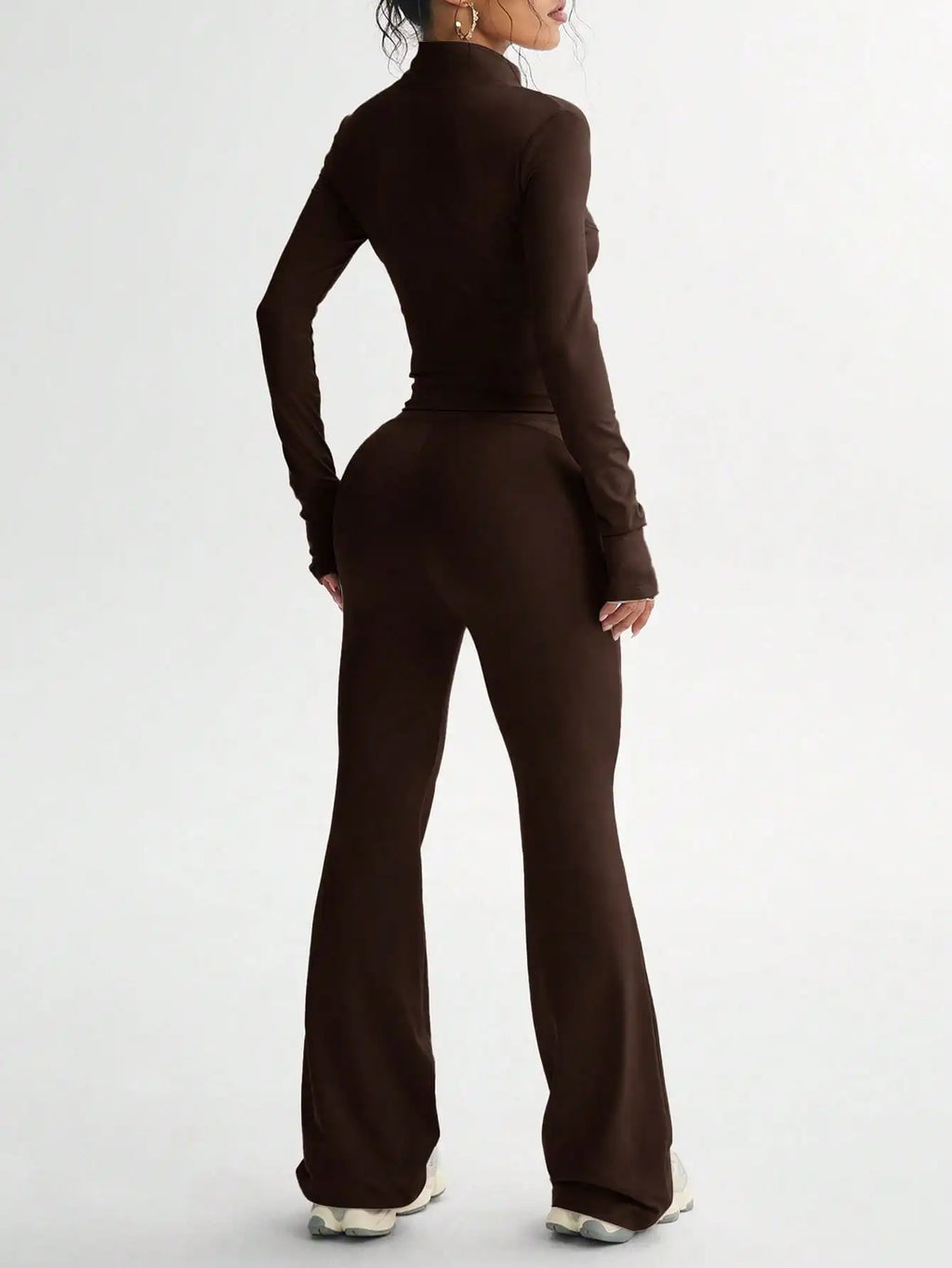 BWQ Women's Solid Color Long Sleeve Top And Fitted Sports Pants Set, Suitable For Fitness And Workout