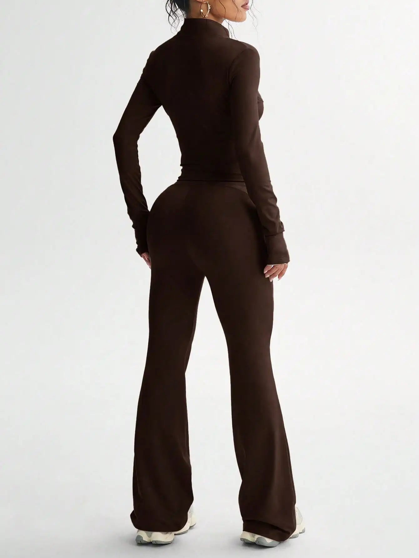 BWQ Women's Solid Color Long Sleeve Top And Fitted Sports Pants Set, Suitable For Fitness And Workout