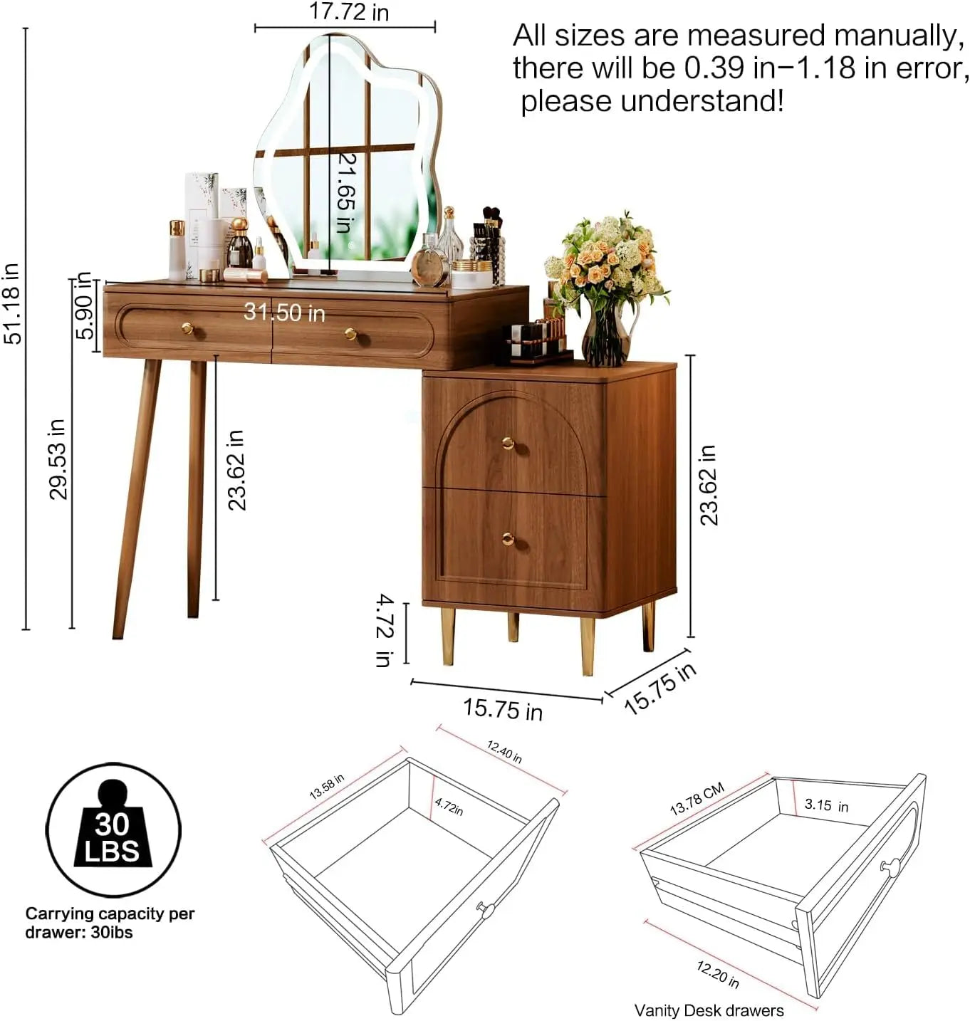 31.5" Brown Stylish Corner Makeup Vanity Table with Lighted Mirror and 4 Spacious Drawers，