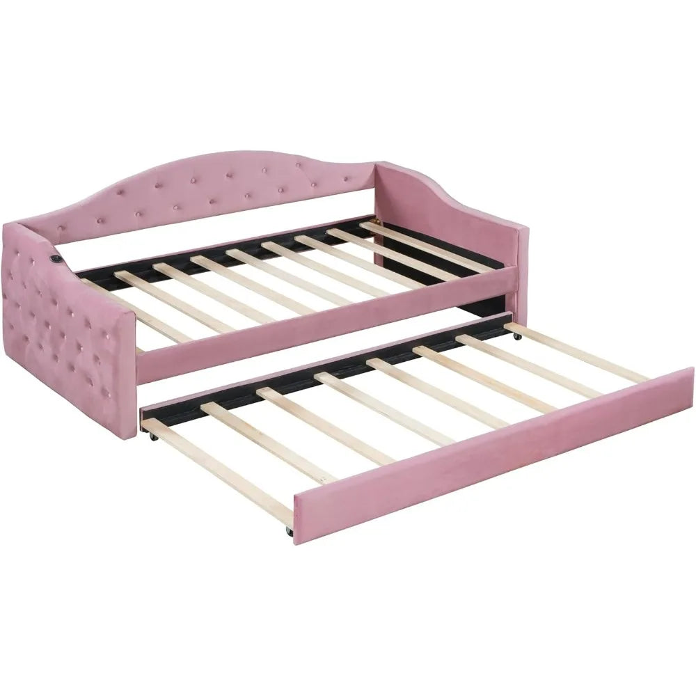 Twin Velvet Daybed with Trundle and Tufted Sofa Bed, USB & Type-C Ports Included
