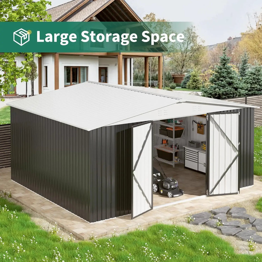 12x14 FT Outdoor Storage Shed, Metal Garden Shed with Lockable Doors, Waterproof Tool Shed for Backyard