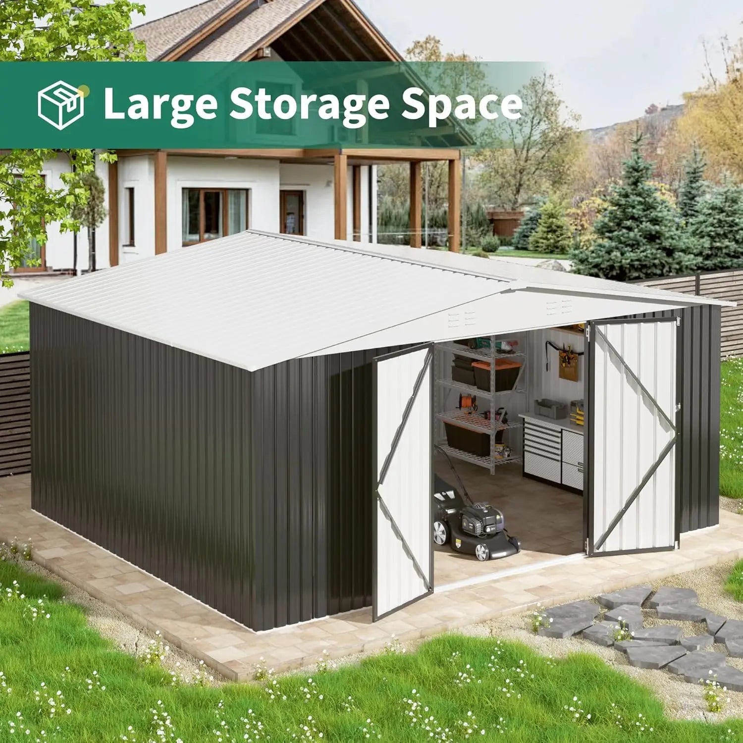 12x14 FT Outdoor Storage Shed, Metal Garden Shed with Lockable Doors, Waterproof Tool Shed for Backyard