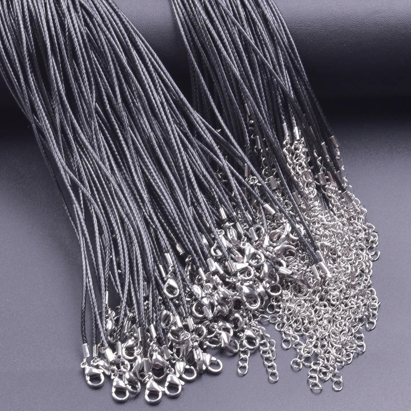 50/55/60cm Black Leather Rope Chain Necklace 10/20/30pcs/Lot Alloy Extended Chains Wax DIY Necklaces For Women Lobster Clasp