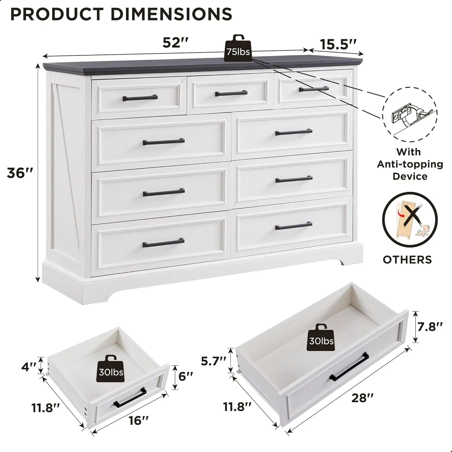 Farmhouse 9 Drawer 36" Dresser for TV Stand , Rustic Wood, Living Room, Hallway, Off White