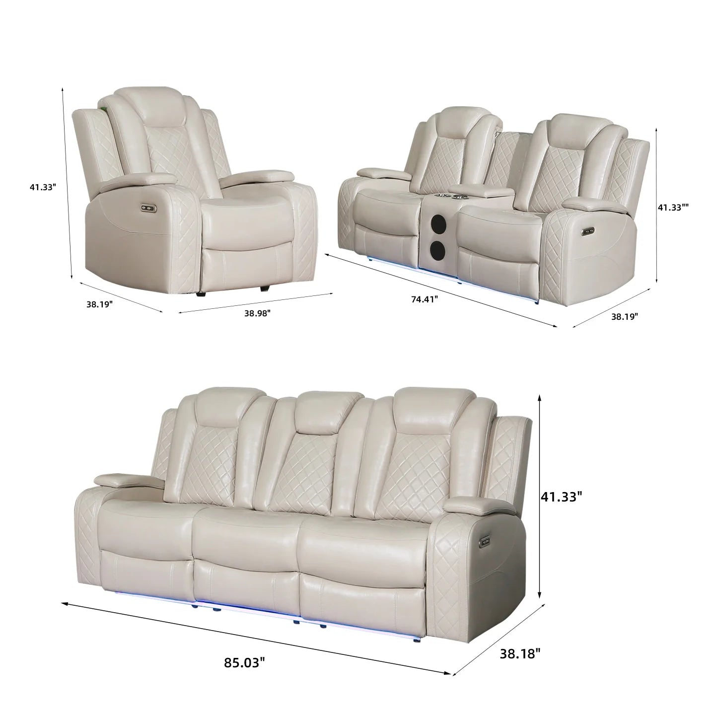 Power Reclining Sofa Couch with Wireless Charger/ 3 Seater Recliner/Reading Light Leather/ Bluetooth Speaker/ Theater Seating LED