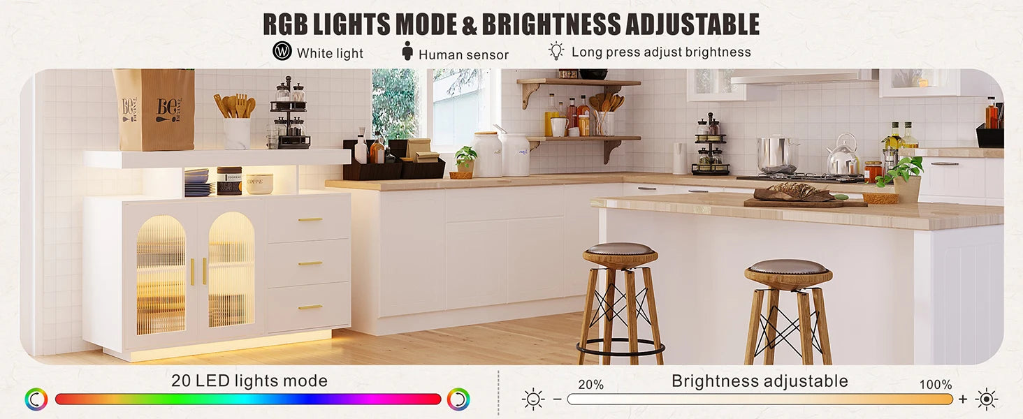 JDPAG 40" LED Buffet Cabinet with Wireless Charging Station, Auto Sensor RGB 20-Color Dimmable Sideboard