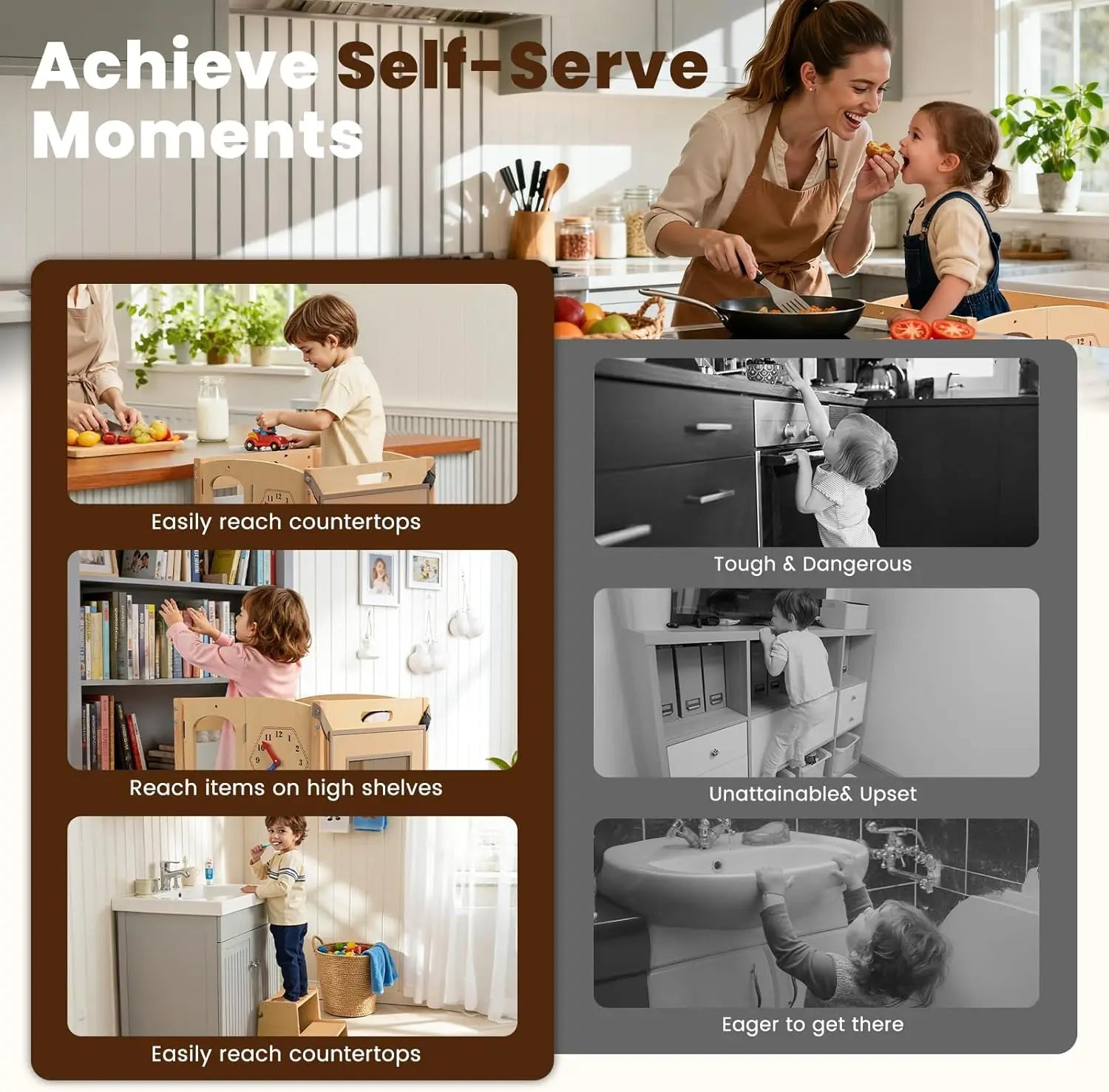 Toddler Tower/Foldable Toddler Kitchen Stool Helper with 2 Step Stool, Safety Net, Adjustable Height, Chalk-Whiteboard