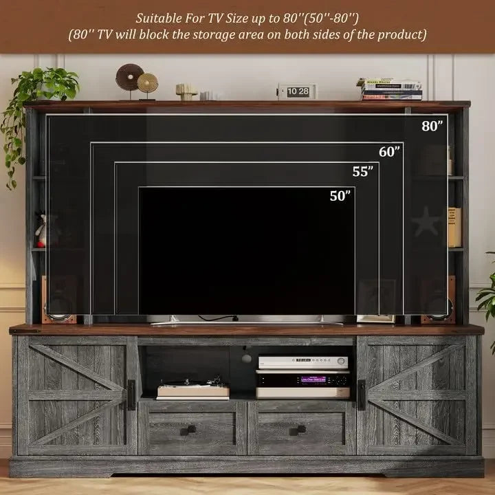 Wood TV Stand, Large Wall Unit Entertainment Center, Living Room with 2 LED Lights & Power Outlets, Storage Shelves ,Dark Grey