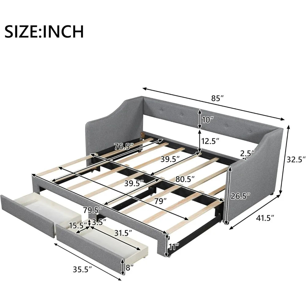 Merax Linen-Covered Daybed with Trundle and Storage Drawers, Twin/ XL to King Wooden Bed Frame with Buttoned Back for Living Space