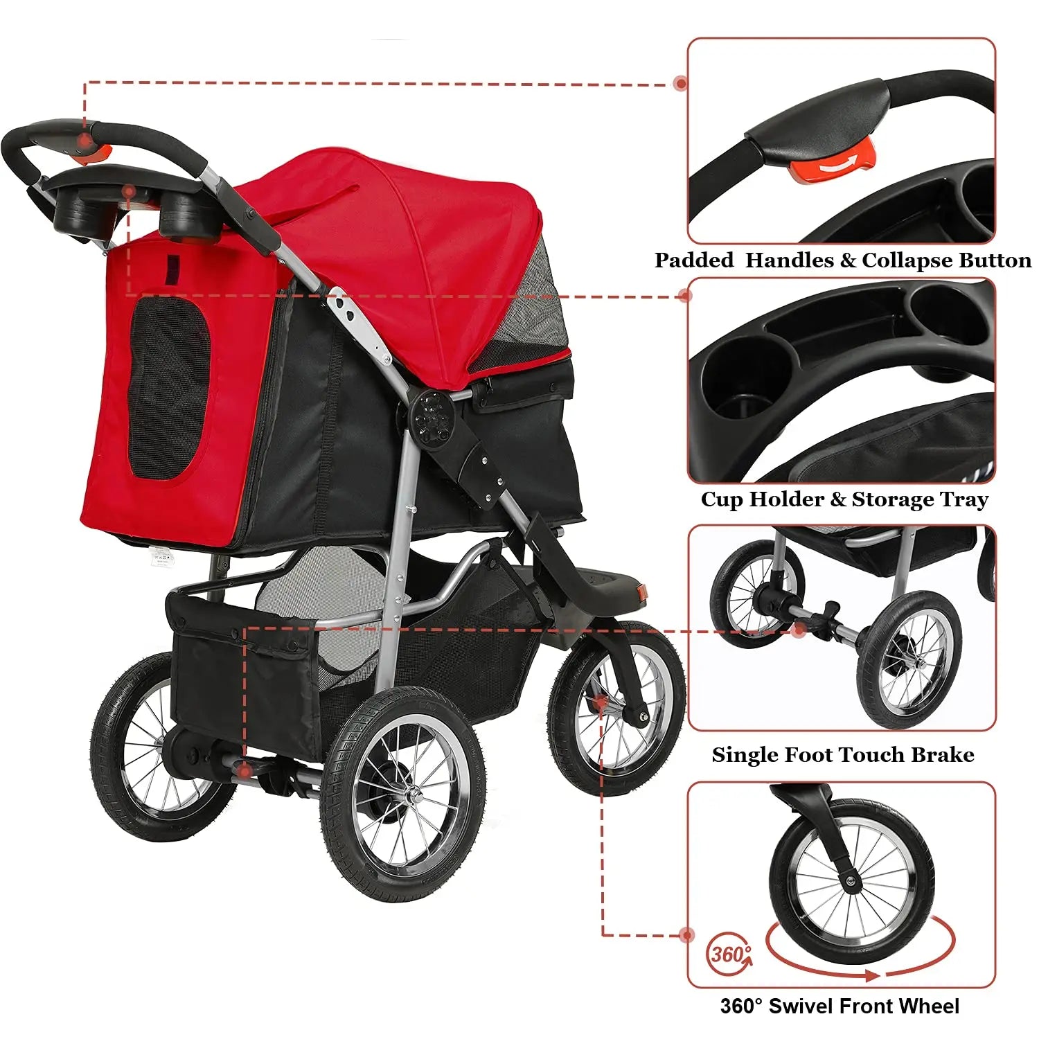 Rugged 3-Wheel Dog and Cat Stroller for Medium and Small Pets with Foldable Design and Suspension