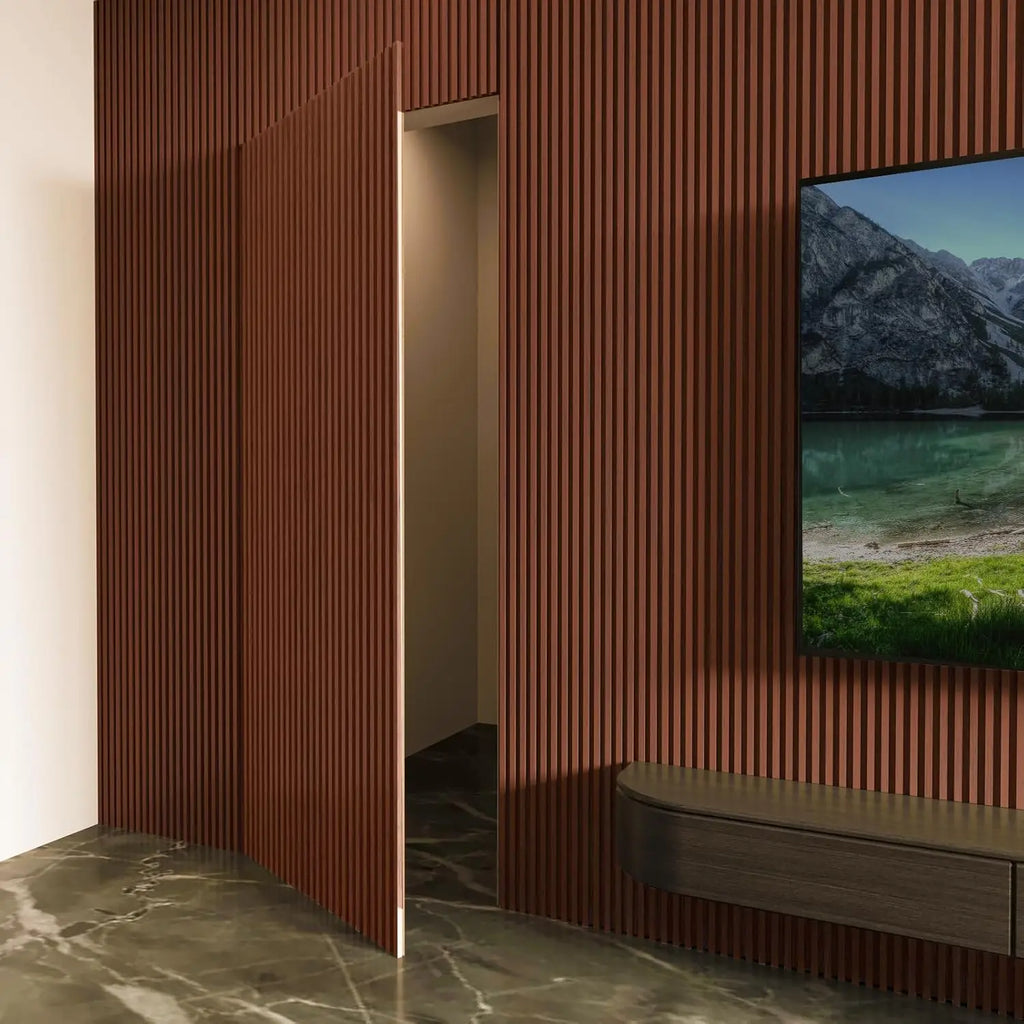 Slat Wood Wall Paneling for Interior and Ceiling Decoration - Pack of 4pcs + 1pc End-Trim, Size 108 x 5.7in.- Walnut