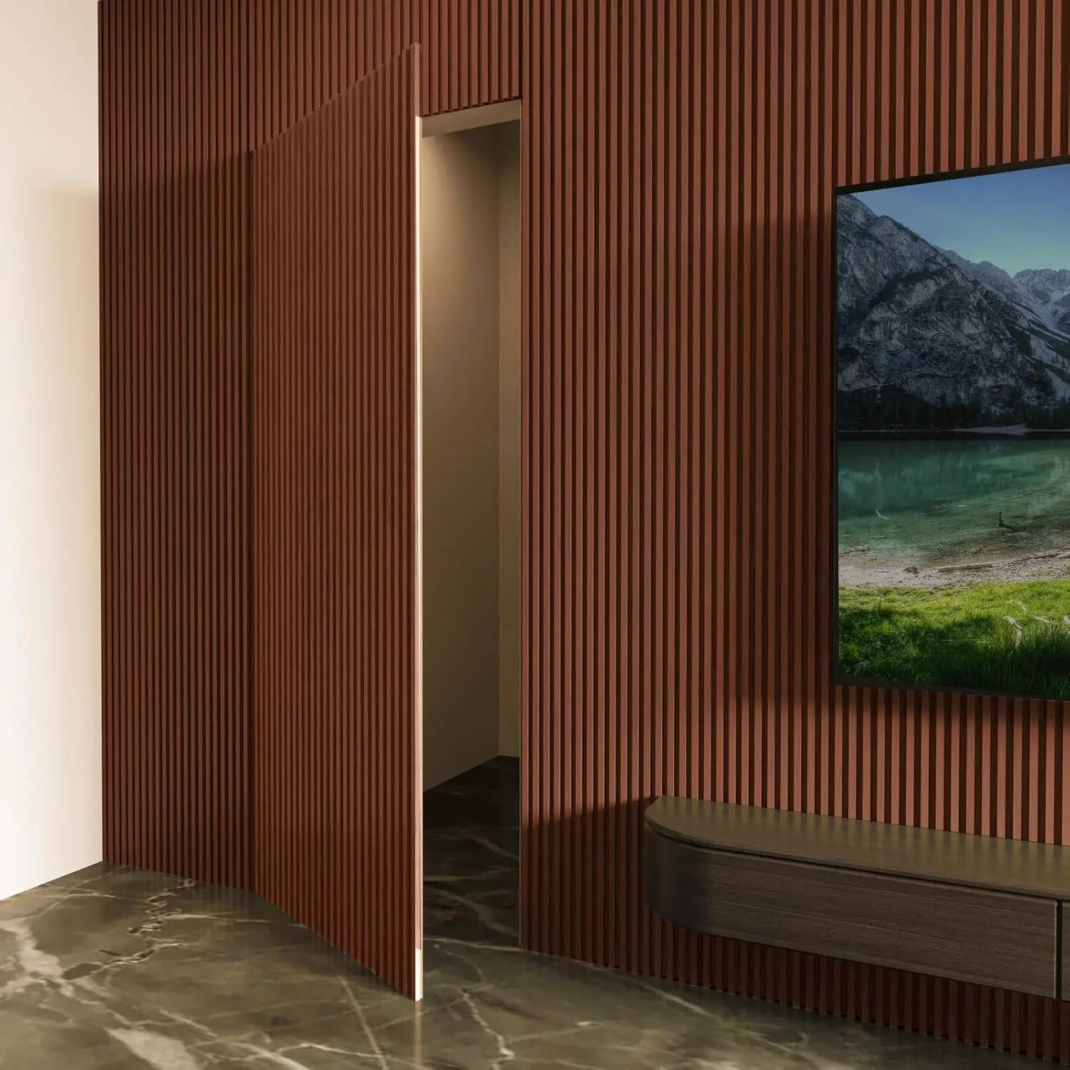 Slat Wood Wall Paneling for Interior and Ceiling Decoration - Pack of 4pcs + 1pc End-Trim, Size 108 x 5.7in.- Walnut