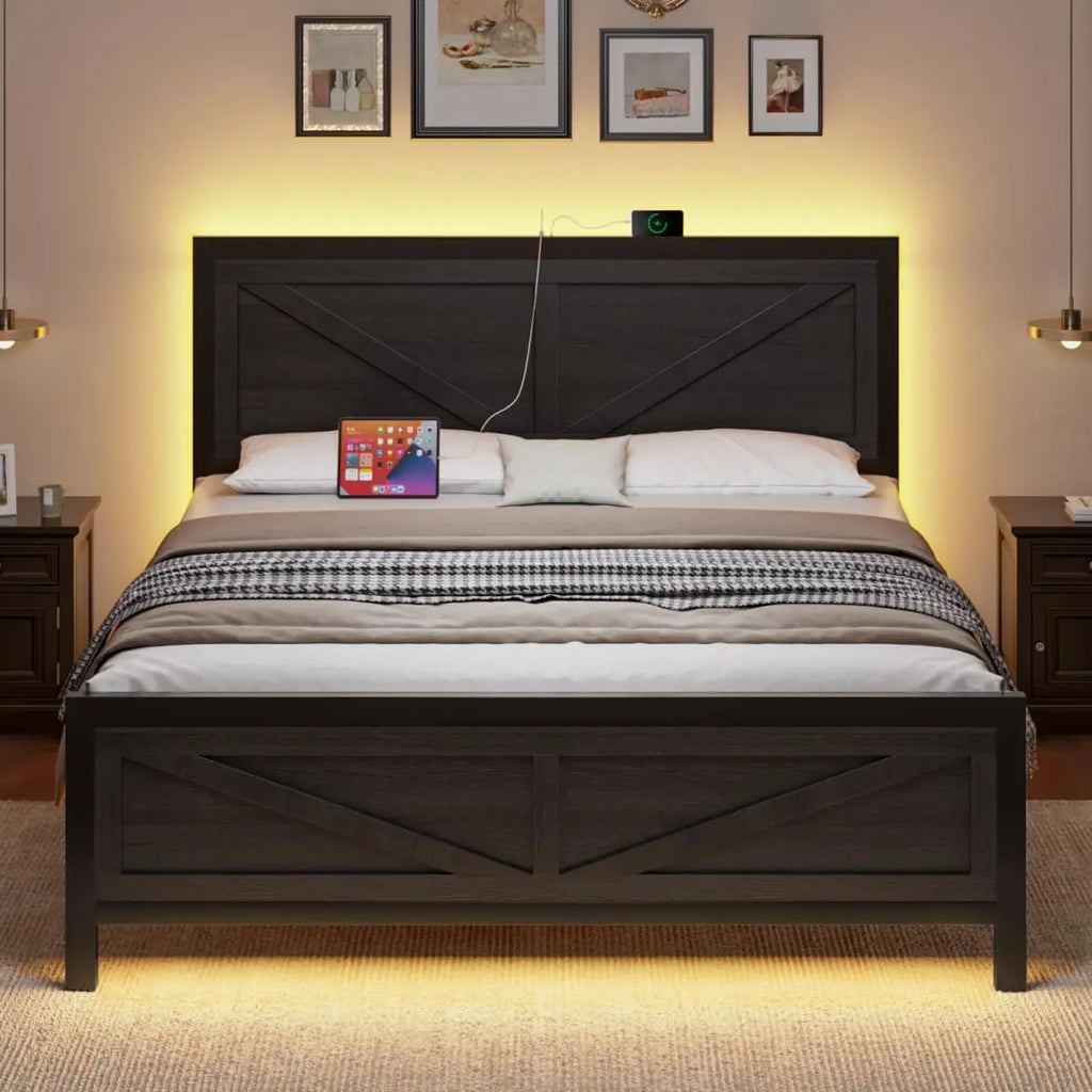 Led Bed Frame Queen Size with Charging Station, with Rustic Barn Door Wood Headboard