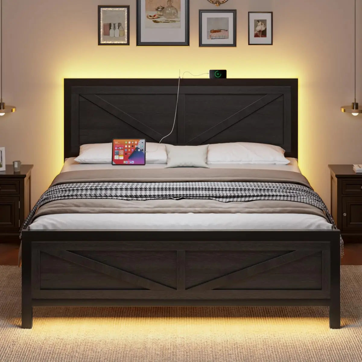 Led Bed Frame Queen Size with Charging Station, with Rustic Barn Door Wood Headboard