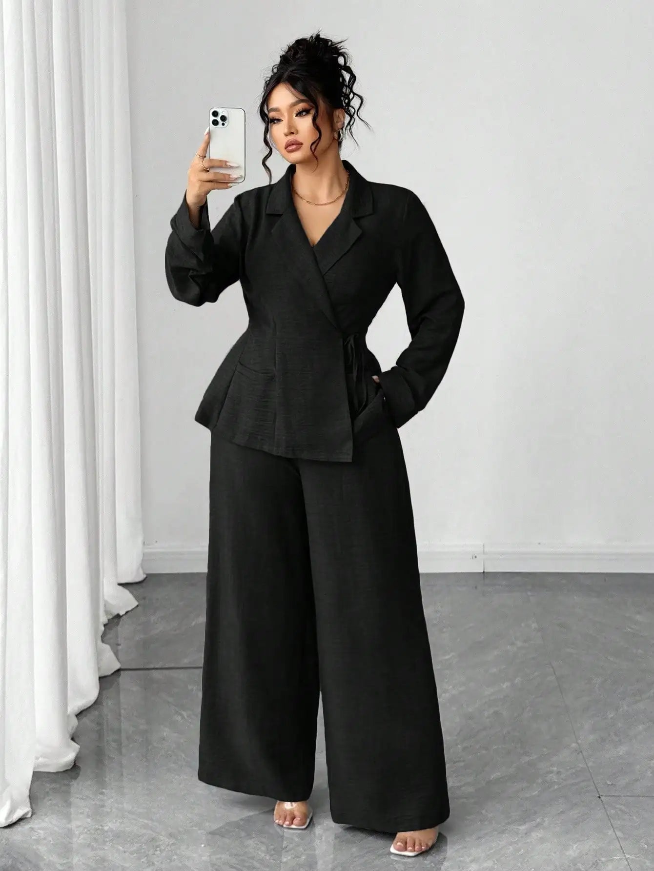 Olive Green Linen Two-Piece Suit for Women - Wrap Blazer with Tie Waist & Wide Leg Pants, Plus Size Office/ Casual Set