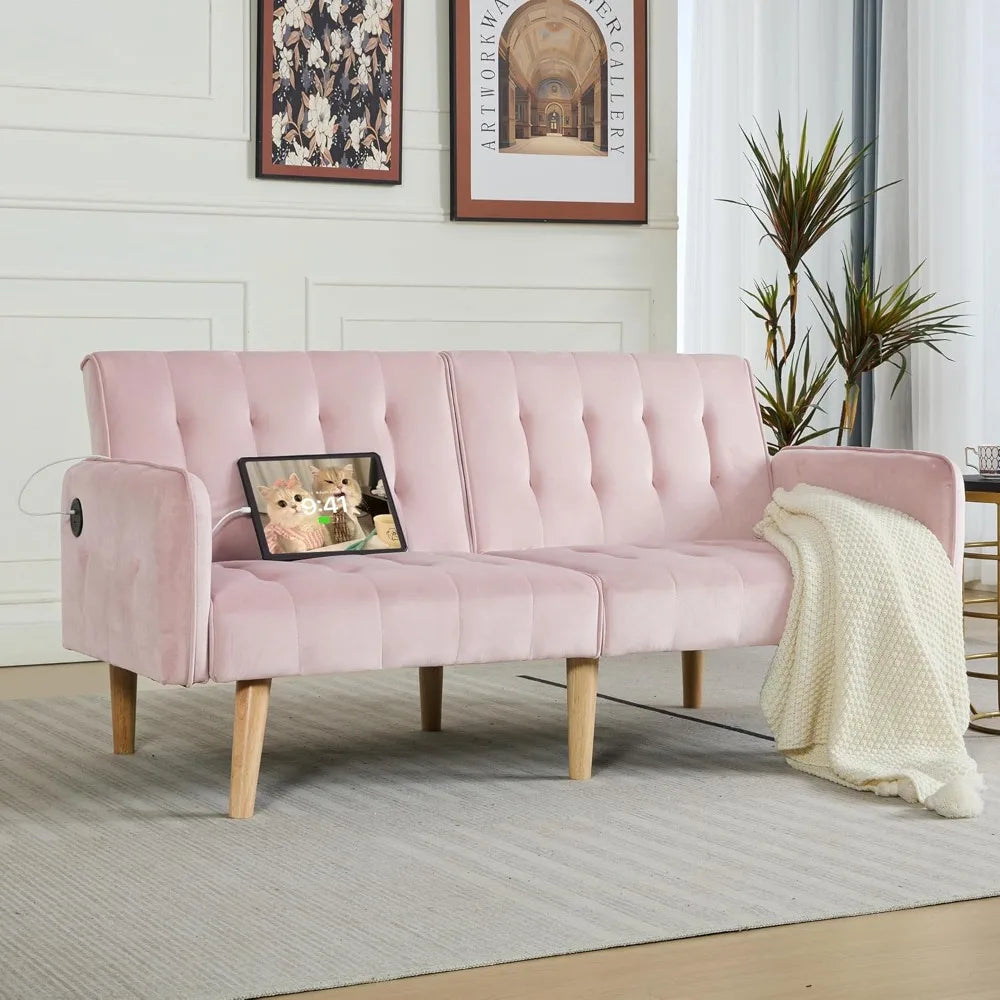 65-inch Wide Velvet Modern Convertible Futon Sofa Bed with USB Charging Ports and Arms, Ideal for Compact Living Spaces