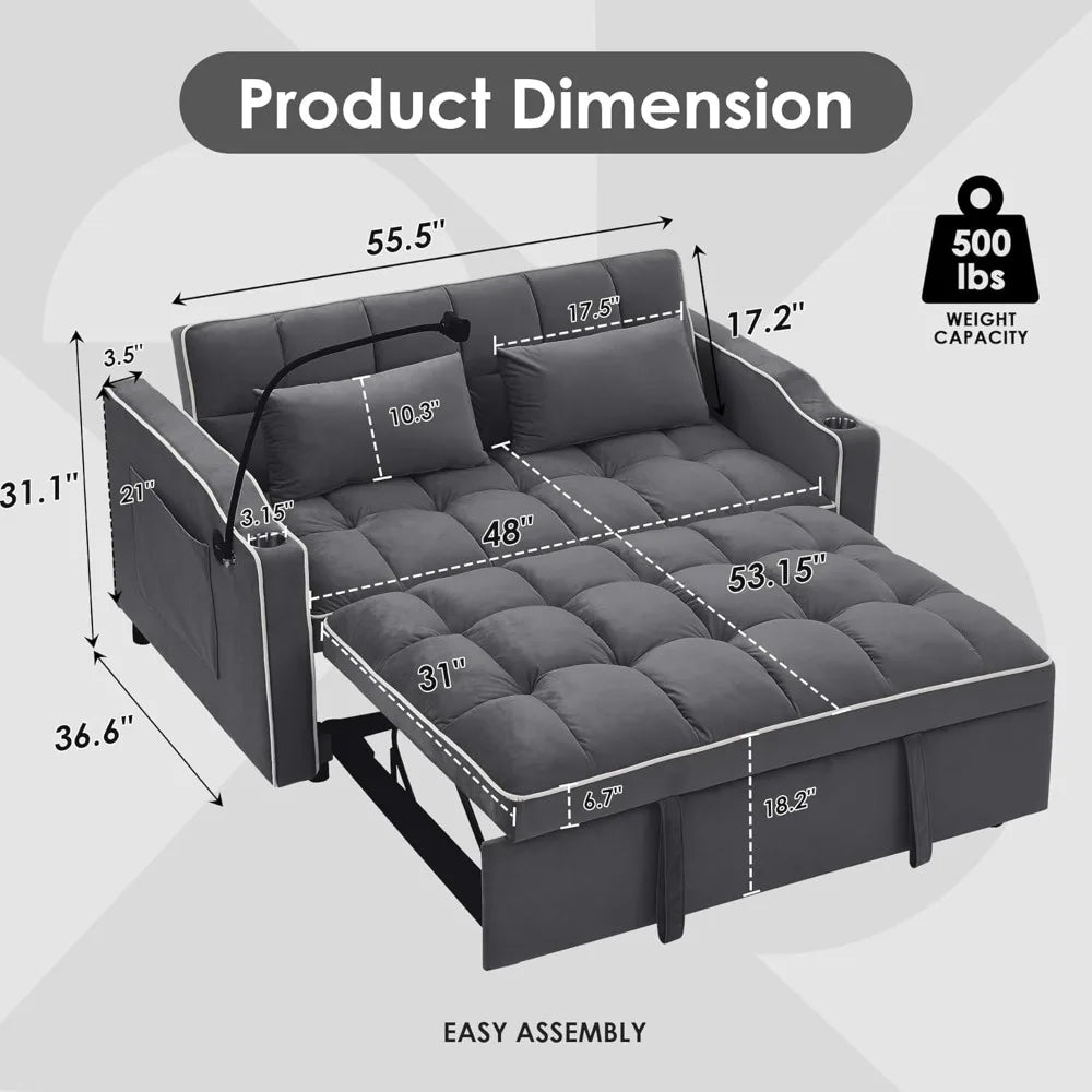 Convertible Sofa Bed, Sleeper Sofa with Side Pocket, Adjustable Backrest, Living Room Sofa with Phone Holder, Pull Out Couch