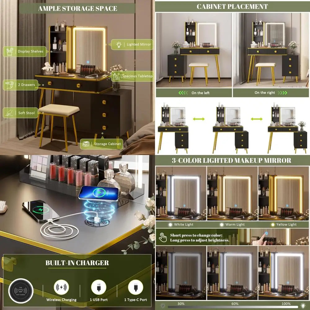 Luminated Makeup Vanity Desk with 3-Color LED Lights, Charging Port, 5 Drawers, and Storage Shelves
