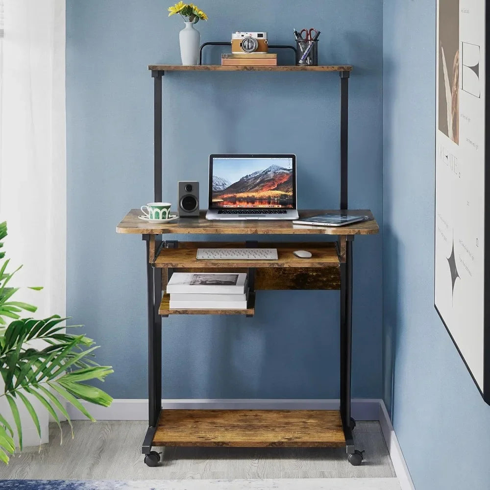 3 Tiers Rolling Computer Desk with Keyboard Tray and Printer Shelf for Home Office, Mobile Computer Desk for Small Space, Retro