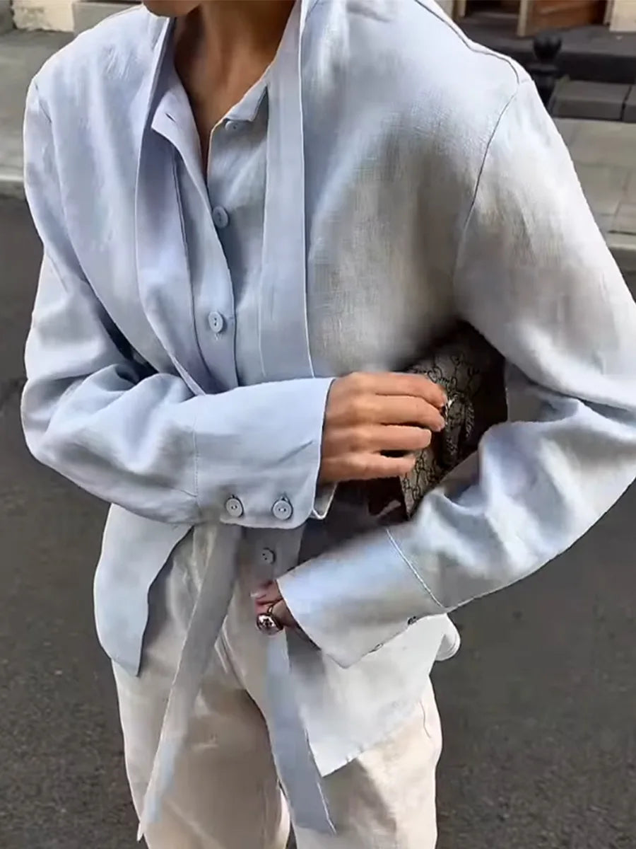 New Autumn Tie Belted Shirt Women's  Floating Ribbon Cardigan Top Commuting 100% Cotton Slim Blouse