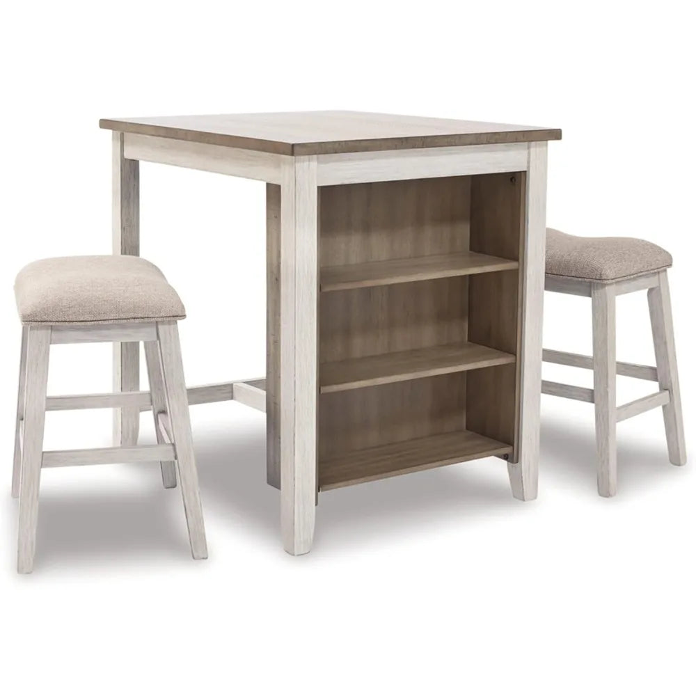 3 Piece Counter Height Dining Set, Includes Table and 2 Barstools, Whitewash