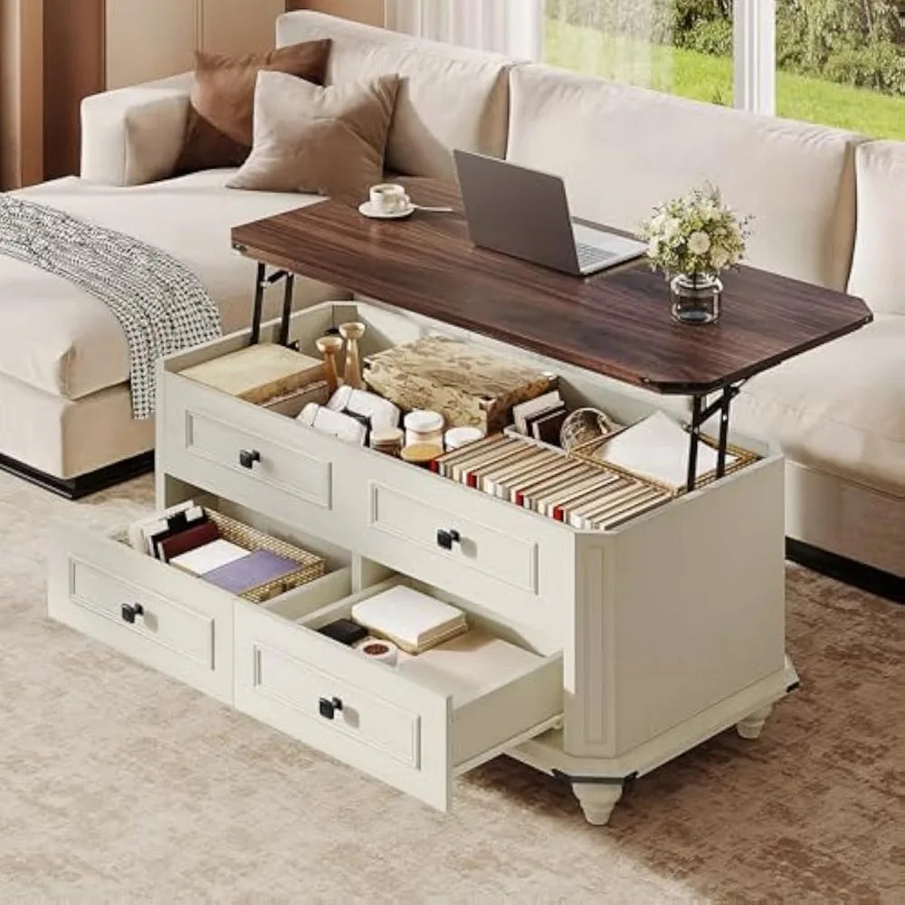 Lift Top Coffee Table with Storage, Farmhouse Wood Central Table w/Large Hidden Compartment, 2 Storage Drawers, Lift Tabletop