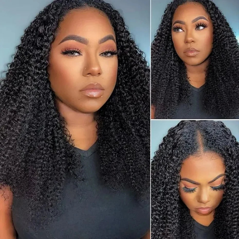Kinky Curly V Part Wig Human Hair No Leave Out Thin Part Malaysian Hair Wigs for Women 250 Density Afro Curly V/U Part Wig 100%