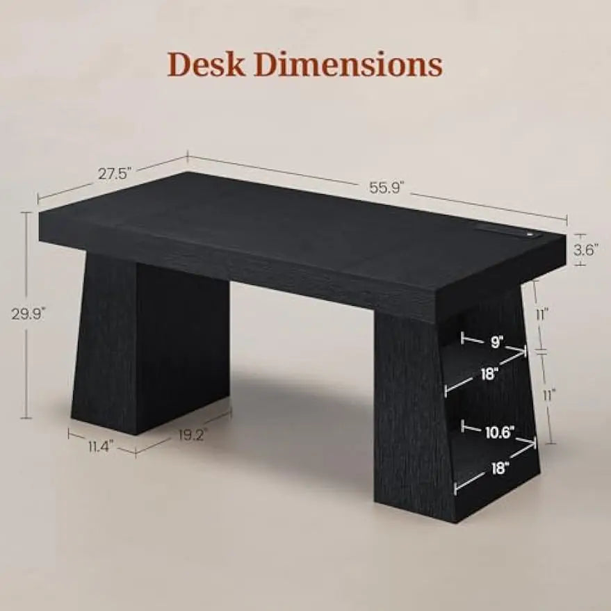 55.9" Executive Desk with Power Outlets, Modern Home Office Desk with Storage Shelves, Black