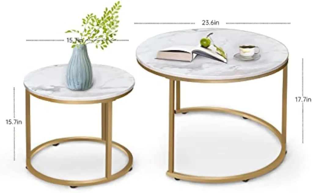Coffee Table Nesting White Set of 2 Side Set Golden Frame Circular Round and Marble Pattern Wooden Tables, Living Room Bedroom