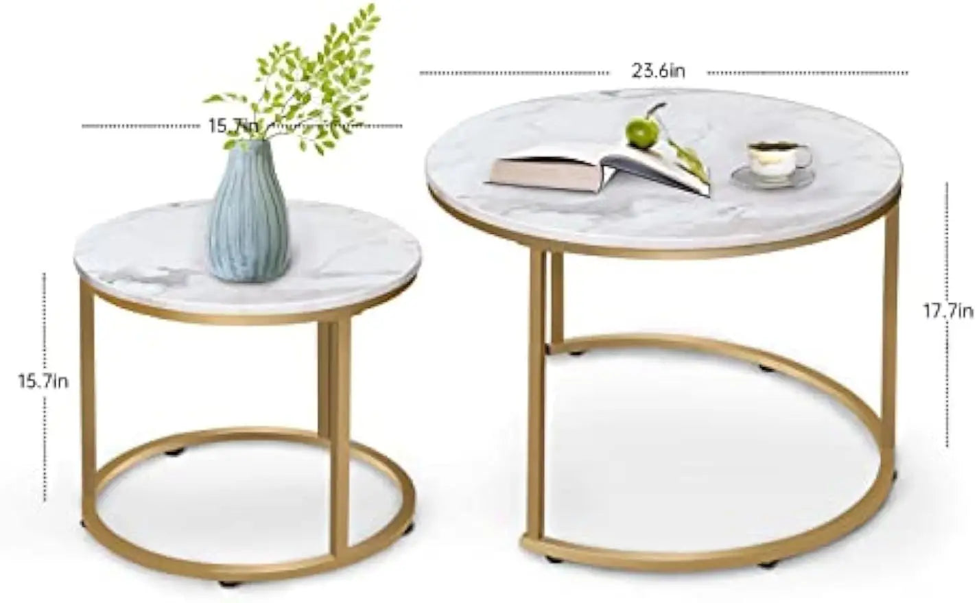Coffee Table Nesting White Set of 2 Side Set Golden Frame Circular Round and Marble Pattern Wooden Tables, Living Room Bedroom